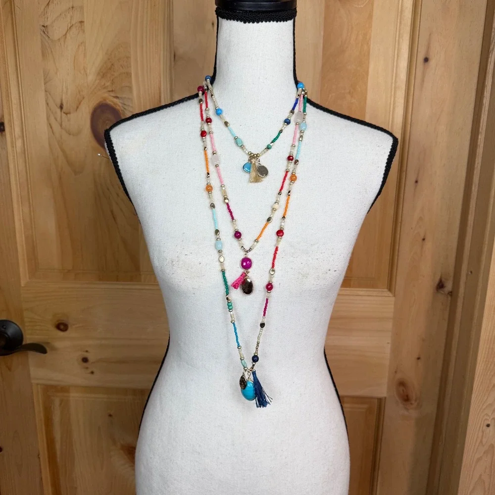 Chico's‎ Triple Strand Boho Layered Necklace Beaded with Tassels & Charms